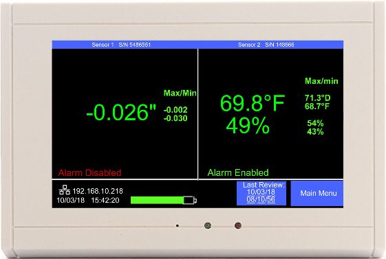 TV2 monitoring negative pressure, temperature and humidity outside a controlled room