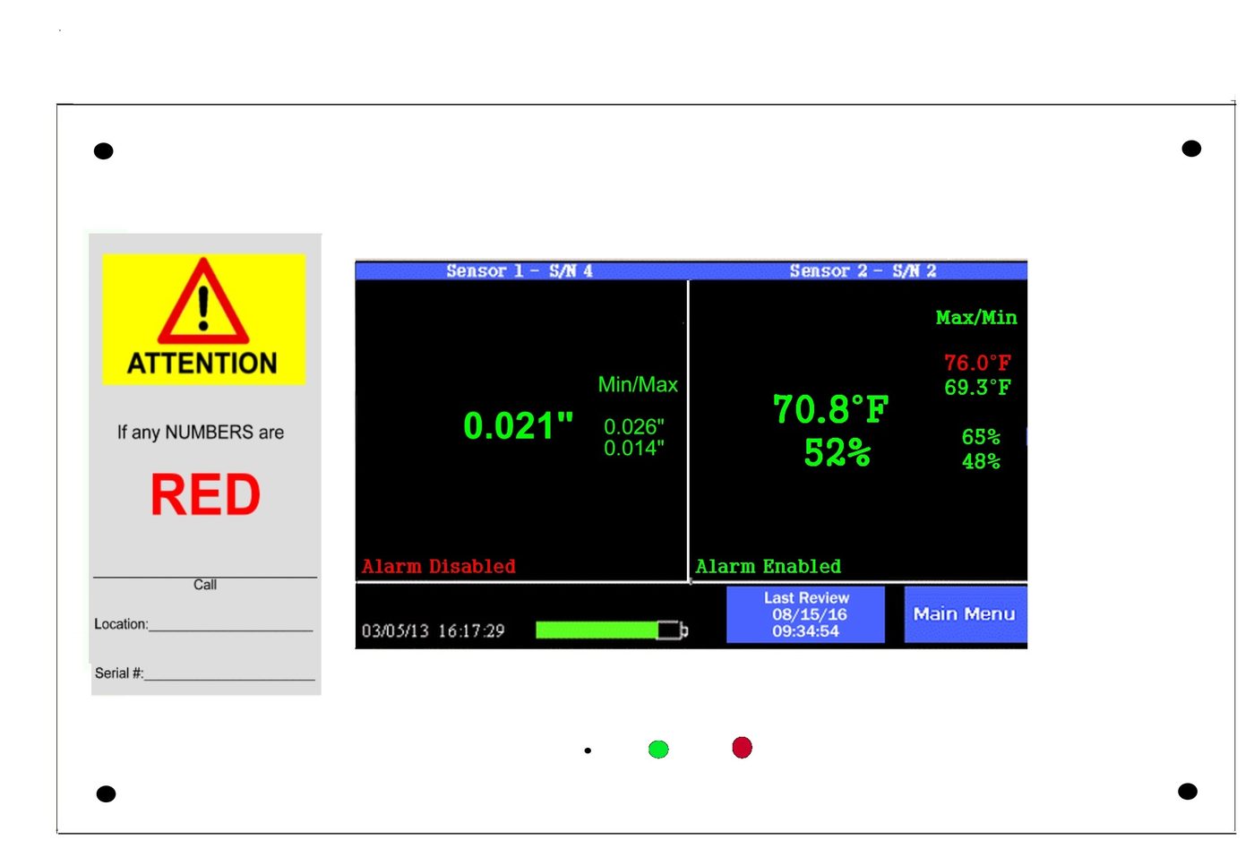 Panel-mounted TV2 showing differential pressure and temperature and humidity readings beside an attention card