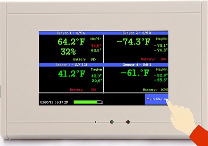 A hand touching the TV2 Easy-Touch color display to open a history chart